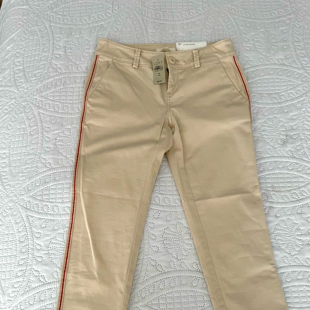 Brand new khaki colored ankle chinos with red detailing